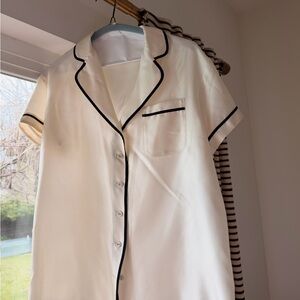 Anthropologie White Short Sleeve Silk Button-Up Shirt with Black Trim